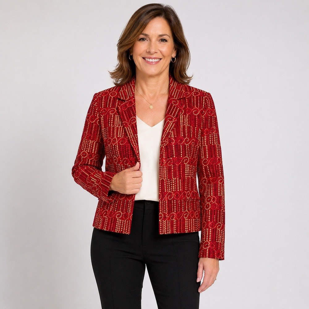 Papell Petites Women's‎ Red Silk Geometric Print Blazer Jacket Size 4P